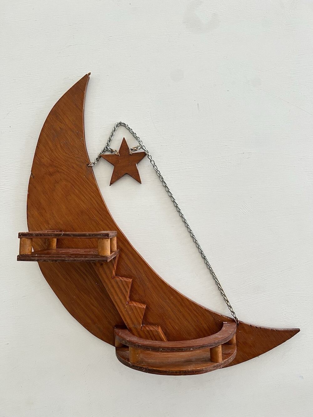 Vtg Wooden Crescent Moon Star Wall Shelf Staircase Knick Knack MCM Handmade